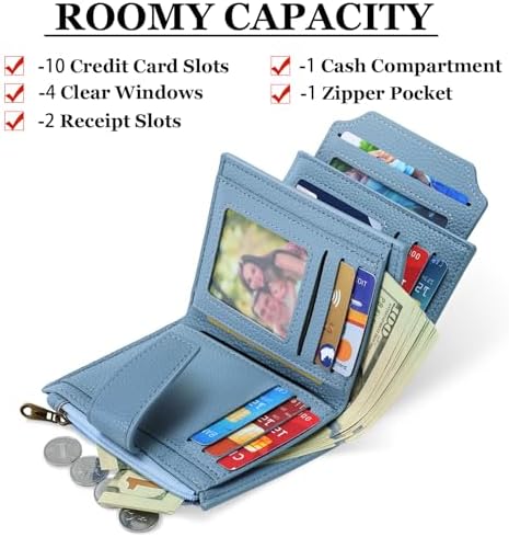 Small Wallet Women RFID Blocking Soft Leather Bifold Compact Card Holder Wallet For Women With Zipper Coin Pocket 4 ID Window