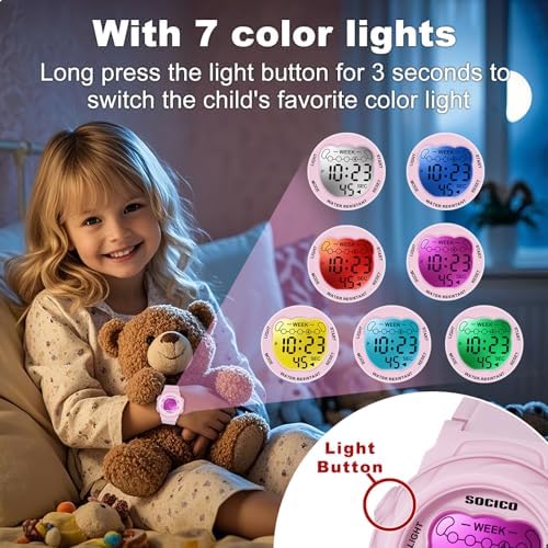 SOCICO Kids Digital Watches For Girls Boys 7 Color Lights Waterproof Sport Outdoor Wristwatch With Stopwatch Alarm Date Great Gift For Child Ages 5-12