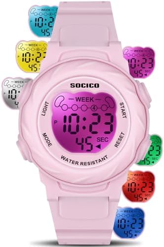 SOCICO Kids Digital Watches for Girls Boys 7 Color Lights Waterproof Sport Outdoor Wristwatch with Stopwatch Alarm Date Great Gift for Child Ages 5-12