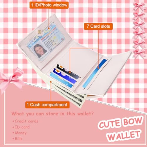 Sunwel Fashion Wallets Girls Cute Coquette Bow Small Wallet Aesthetic Card Holder ID Window Purse For Women (PINK)