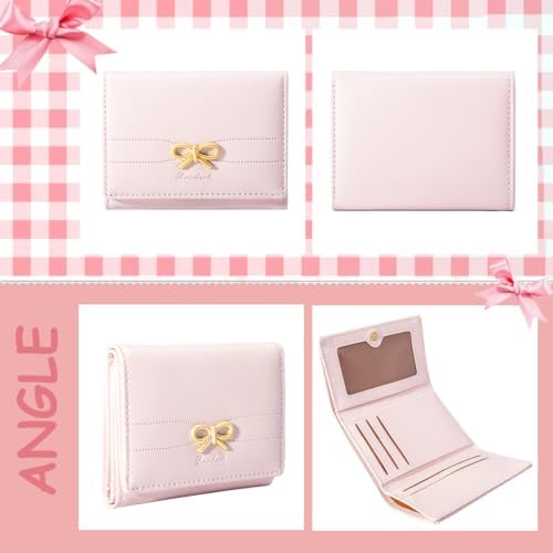 Sunwel Fashion Wallets Girls Cute Coquette Bow Small Wallet Aesthetic Card Holder ID Window Purse For Women (PINK)
