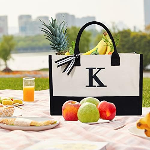 TOPDesign Embroidery Initial Canvas Tote Bag Personalized Present Suitable For Wedding Birthday Beach Holiday Is A Great Gift Women Mom Teachers Friends Bridesmaids (Letter K)