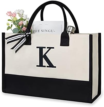 TOPDesign Personalized Initial Canvas Beach Bag Monogrammed Gift Tote Bag for Women