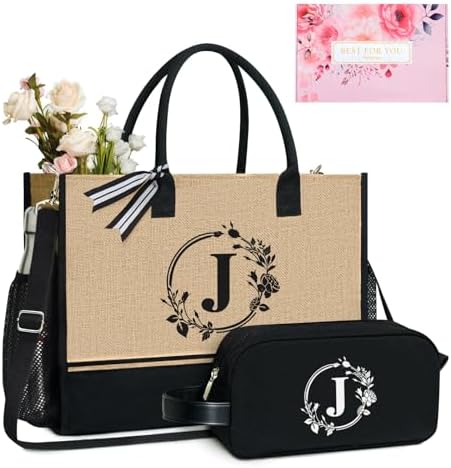 TOPDesign Personalized Initial Canvas Tote Bag for Wedding Birthday Beach Perfect Gifts for Women Mom Teachers Friends