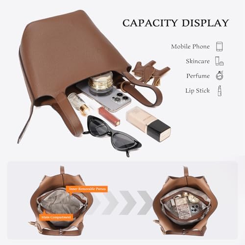 Tote Bag For Women Vegan Leather Bucket Purse For Women Top Handle Handbag Shoulder Bag With Detachable Small Purse