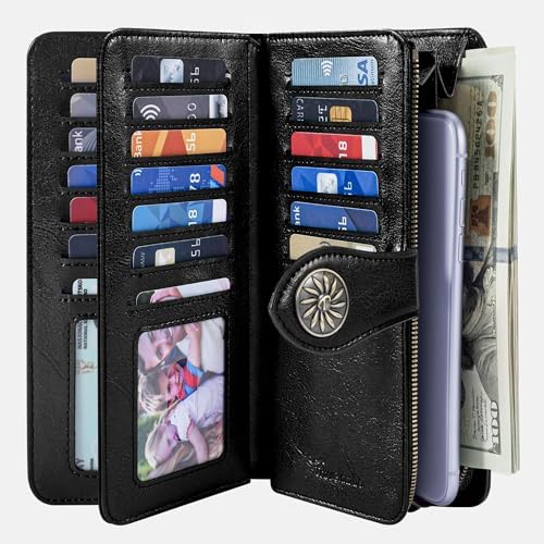 Travelambo Women's Wallet RFID Blocking Credit Card Holder Large Capacity Wristlet Leather Wallets Purse