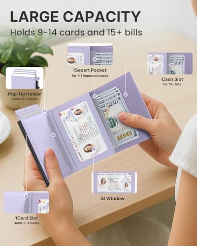 Typecase Womens Wallet Card Holder: Pop Up Card Case Genuine Leather RFID Blocking Slim Minimalist Thin Small Size - 9-14 Card Capacitiy ID Window Cash Pocket (Ligtht Purple)
