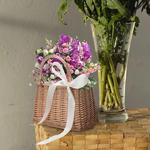 VALICLUD Rattan Handbag - Small Wicker Purse With Handle For Flowers And Decor Portable Decorative Basket For Weddings And Home 11.02X8.66X4.72 Inches
