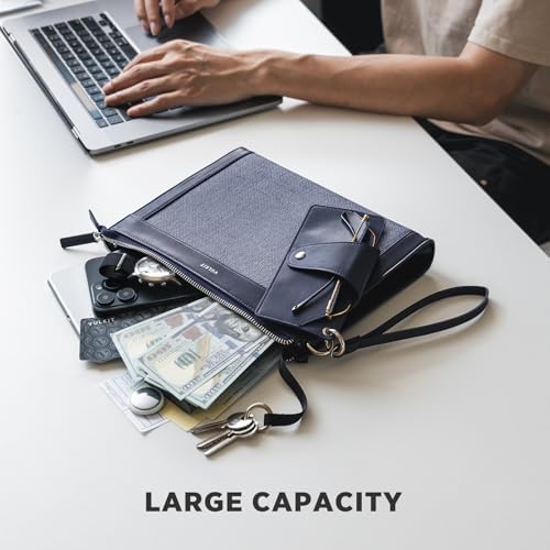 VULKIT Clutch Bag For Men With Removable Glasses Case Large Mens Wrist Band Wallet Business Hand Bag Navy Blue