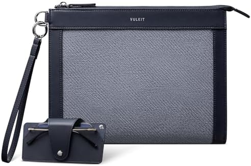 VULKIT Clutch Bag for Men with Removable Glasses Case Large Mens Wrist Band Wallet Business Hand Bag Navy Blue