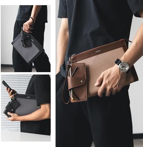 VULKIT Clutch Bag For Men With Removable Glasses Case Large Mens Wrist Band Wallet Business Hand Bag Navy Blue
