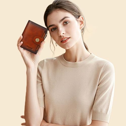 Wallet Women RFID Blocking Leather Womens Wallet Bifold Compact Card Holder Small Wallet For Women With Removable ID Window Brown