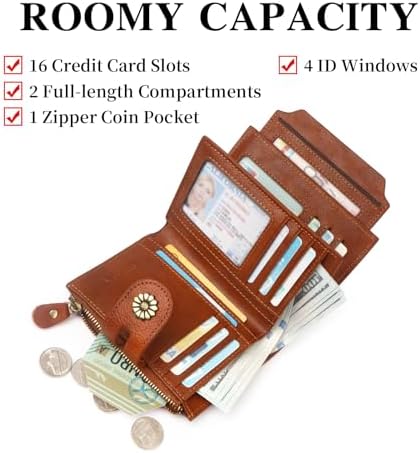 Wallet Women RFID Blocking Leather Womens Wallet Bifold Compact Card Holder Small Wallet For Women With Removable ID Window Brown