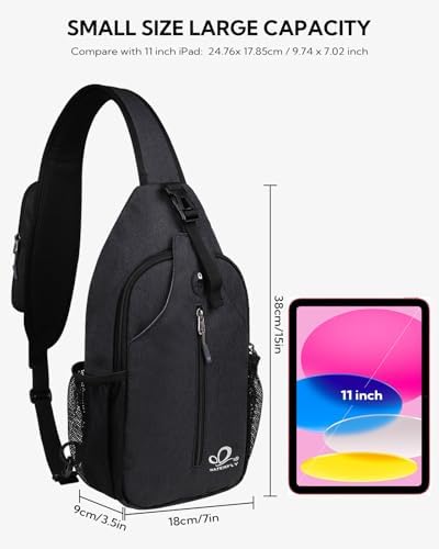 WATERFLY Crossbody Sling Backpack Sling Bag Travel Hiking Chest Bag Daypack (Black)