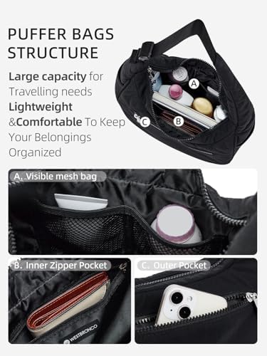 WESTBRONCO Small Puffer Crescent Shoulder Bag For Women Nylon Quilted Shoulder Purses Puffy Handbags With Adjustable Strap