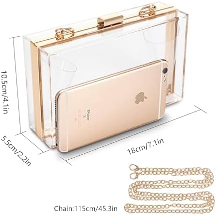 WJCD Women Clear Purse Acrylic Box Clutch Handbag Small Transparent Crossbody Evening Bag Stadium Approved Gold Chain Strap