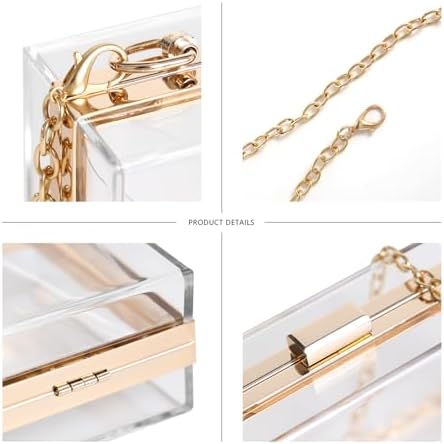 WJCD Women Clear Purse Acrylic Box Clutch Handbag Small Transparent Crossbody Evening Bag Stadium Approved Gold Chain Strap