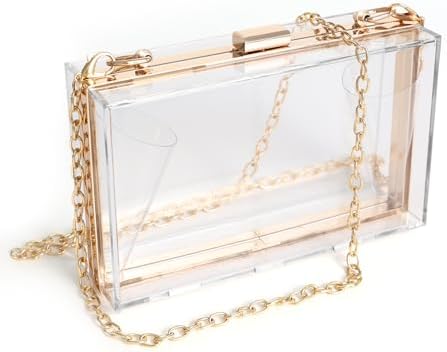 WJCD Women Clear Purse Acrylic Box Clutch Handbag Small Transparent Crossbody Evening Bag Stadium Approved Gold Chain Strap