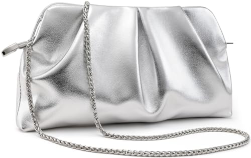 Women Clutch Bag Dressy Formal Handbag Pleated PU Clutch Purse Detachable Chain Crossbody Bag