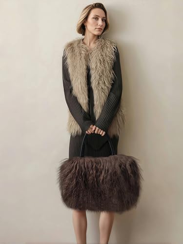 Women Luxury Real Lamb Mongolian Flush Wool Fur With Genuine Leather Handles Handbag