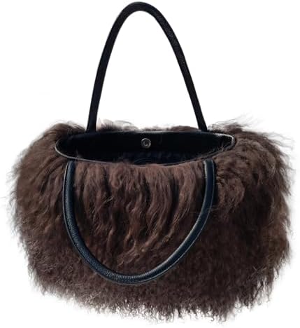 Women Luxury Real Lamb Mongolian Flush Wool Fur With Genuine Leather Handles Handbag