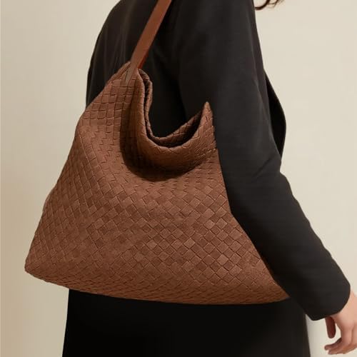 Women's Braided Leather Tote Bag Stylish Suede Hobo Shoulder Bag With Woven Details