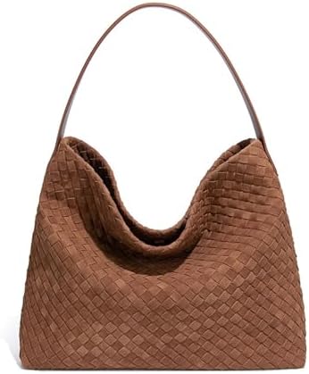 Women's Braided Leather Tote Bag Stylish Suede Hobo Shoulder Bag with Woven Details