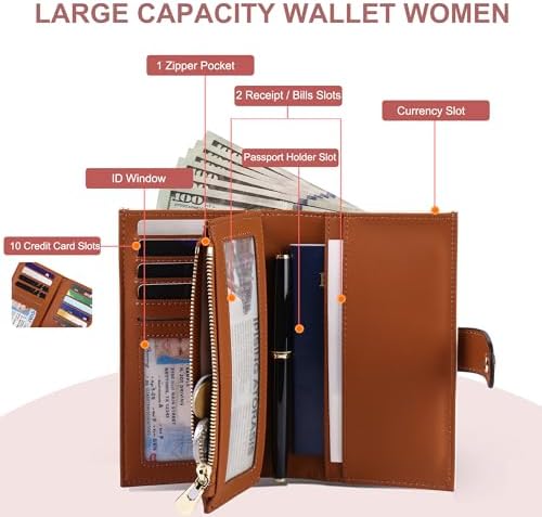 Women's Wallets RFID Blocking Leather Trifold Clutch Wallet Credit Card Holder Ladies Travel Wallet Purse With Pen Holder