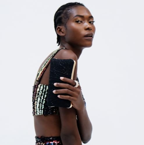 Womens Golden Glitter Clutch Purse Pleated Evening Bag For Bridal Wedding Party With Rhinestone Ring