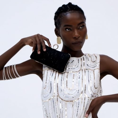 Womens Golden Glitter Clutch Purse Pleated Evening Bag For Bridal Wedding Party With Rhinestone Ring