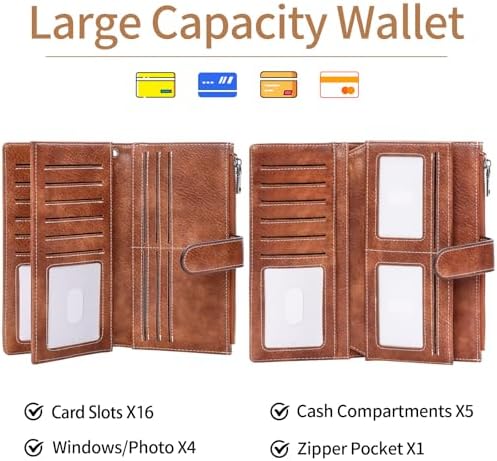 Womens Wallet RFID Blocking Large Capacity Credit Card Holder Long Purses For Women With Wristlet Pocket ID Window