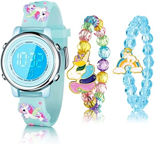 Yaomiao 3 Pieces Kids Unicorn Digital Sport Watches and Bracelets 7 Color Lights Alarm Stopwatch 3D Waterproof Watch Gift for Girls 3-10 Years Old