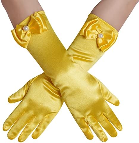 Yolyoo Girls Princess Gloves Girl White Long Satin Princess Dress Up Diamonds Bows Gloves for Birthday Wedding Costume Party