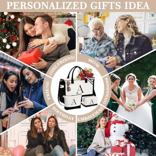YOOLIFE Initial Canvas Tote Bag & Makeup Bag Birthday Gifts For Women Mom Sister Friends Bridesmaid Wedding Gifts