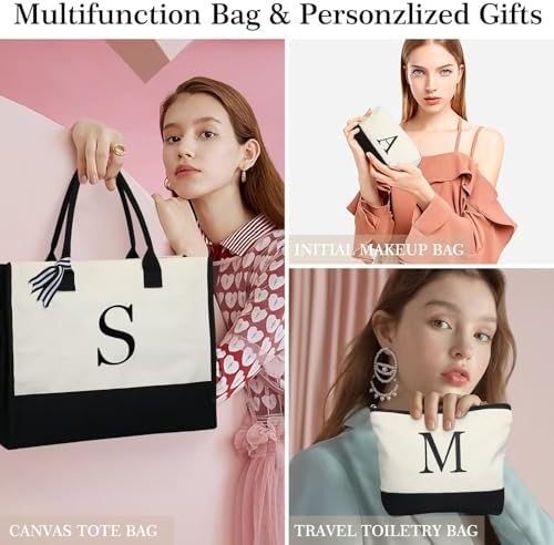 YOOLIFE Initial Canvas Tote Bag & Makeup Bag Birthday Gifts For Women Mom Sister Friends Bridesmaid Wedding Gifts