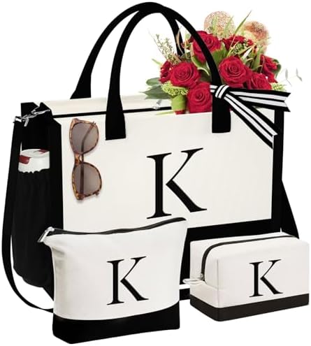 YOOLIFE Initial Canvas Tote Bag & Makeup Bag Birthday Gifts for Women Mom Sister Friends Bridesmaid Wedding Gifts