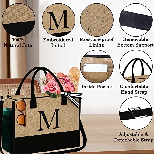 YOOLIFE Personalized Gifts For Women - Initial Jute Tote Bag & Makeup Bag Birthday Gifts For Women Mom Wife Teacher Friend