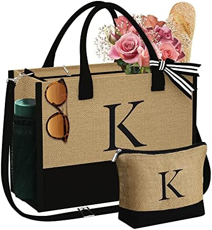 YOOLIFE Personalized Gifts for Women - Initial Jute Tote Bag & Makeup Bag Birthday Gifts for Women Mom Wife Teacher Friend