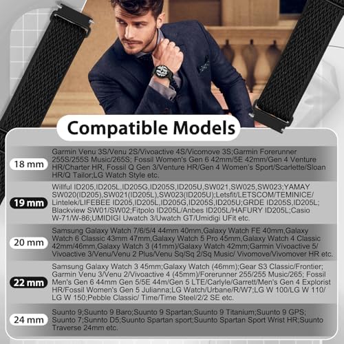 快速释放表带 - 宽度选择-18 毫米 19 毫米 20 毫米 22 毫米 24 毫米表带 单环可调节弹性尼龙表带替换腕带适合男士女士