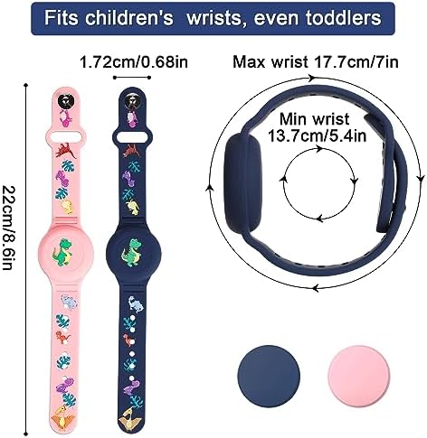2pcs Kids Wristband Waterproof For AirTag Dinosaur Cartoon Pattern Bracelet For Kids Toddler Elder Adjustable Watch Band Kids Anti Lost For AirTag Case Holder For Hiding GPS Tracker (Blue Pink)