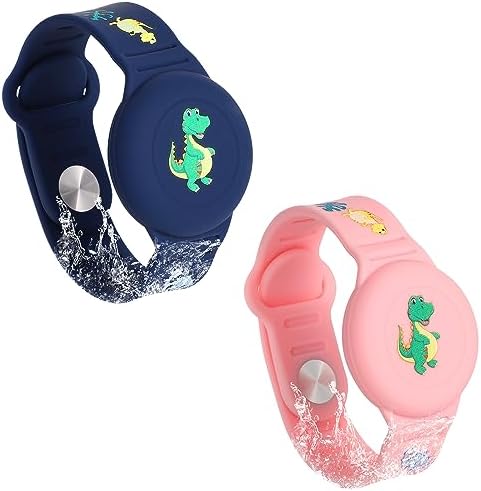 2pcs Kids Wristband Waterproof for AirTag Dinosaur Cartoon Pattern Bracelet for Kids Toddler Elder Adjustable Watch Band Kids Anti Lost for AirTag Case Holder for Hiding GPS Tracker (Blue Pink)