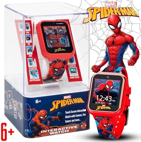 Accutime Marvel Spider-Man Red Educational Touchscreen Smart Watch Toy For Boys Girls Toddlers - Selfie Cam Learning Games Alarm Calculator Pedometer And More (Model: SPD4588AZ)