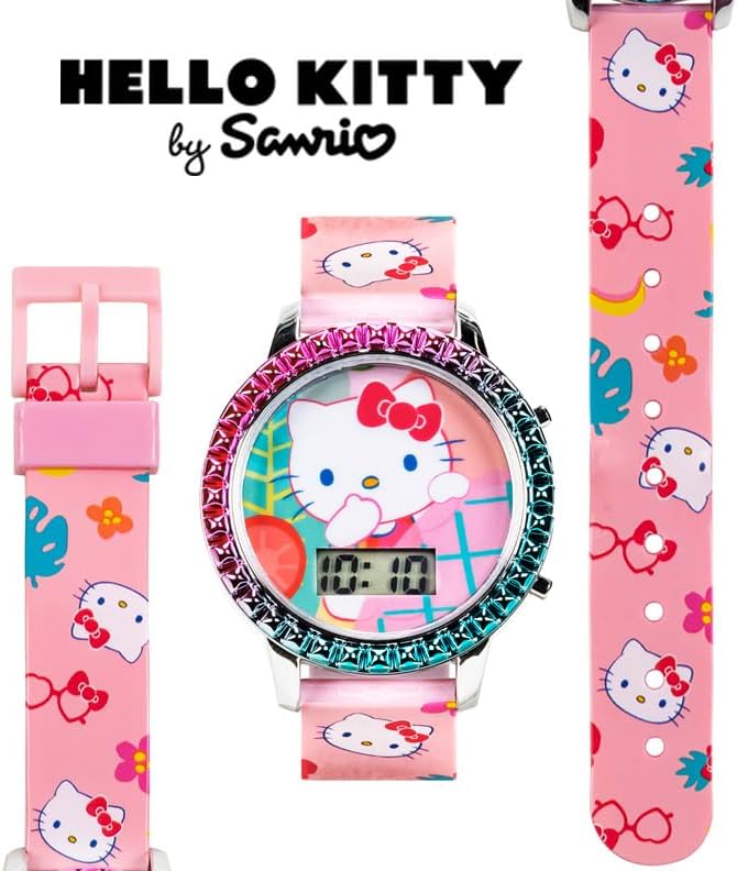 Accutime Sanrio Hello Kitty 女孩数字 LCD 石英手表带粉色表带和彩色表圈 - 有趣的 LED 灯秀 - 儿童易读时间 - 适合手腕 5.5-8 英寸 粉红色 Hello Kitty 数字腕表
