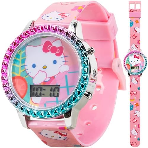Accutime Sanrio Hello Kitty 女孩数字 LCD 石英手表带粉色表带和彩色表圈 - 有趣的 LED 灯秀 - 儿童易读时间 - 适合手腕 5.5-8 英寸 粉红色 Hello Kitty 数字腕表