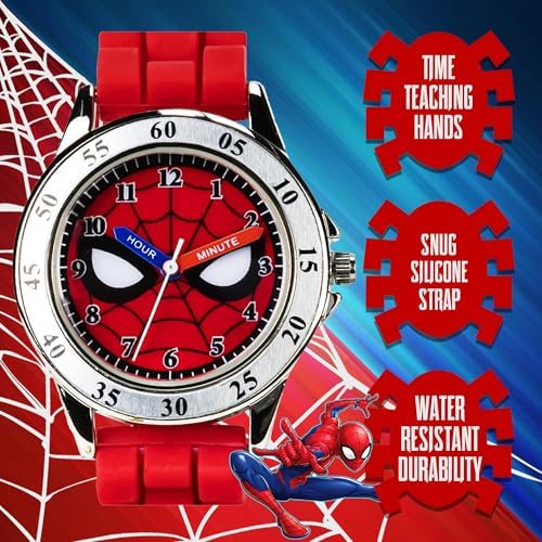Accutime Spiderman Time Teacher Watch For Kids - Red Silicone Strap Easy-to-Read Dial Water Resistant With Special Tin