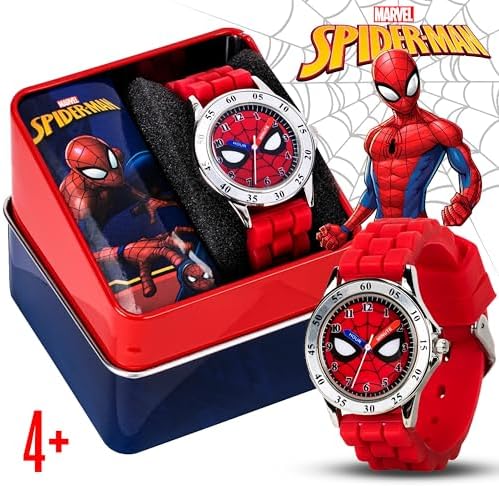 Accutime Spiderman Time Teacher Watch For Kids - Red Silicone Strap Easy-to-Read Dial Water Resistant With Special Tin