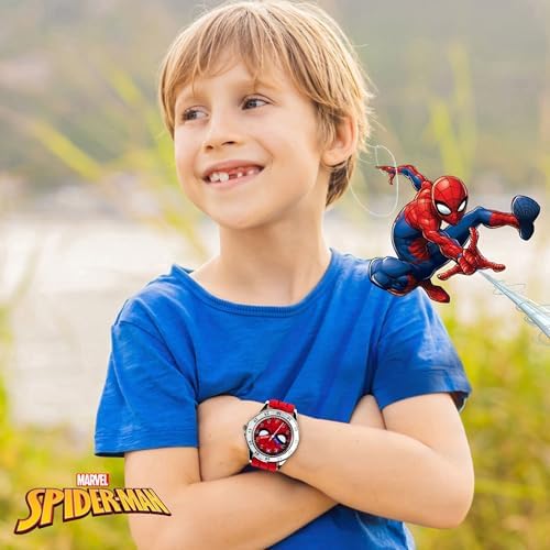 Accutime Spiderman Time Teacher Watch For Kids - Red Silicone Strap Easy-to-Read Dial Water Resistant With Special Tin