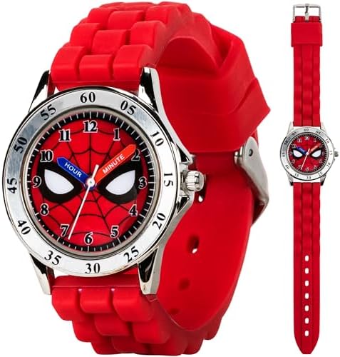 Accutime Spiderman Time Teacher Watch for Kids - Red Silicone Strap Easy-to-Read Dial Water Resistant with Special Tin