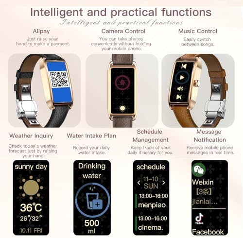 Amoled Laies Smart Watch For Women Smartwatch With Leather Strap Heart Rate Stress Sleep Monitor 12 Sports Modes Fitness Tracker Watch Notifications Music & Camera Control Waterproof IOS Android