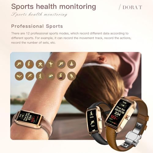 Amoled Laies Smart Watch For Women Smartwatch With Leather Strap Heart Rate Stress Sleep Monitor 12 Sports Modes Fitness Tracker Watch Notifications Music & Camera Control Waterproof IOS Android